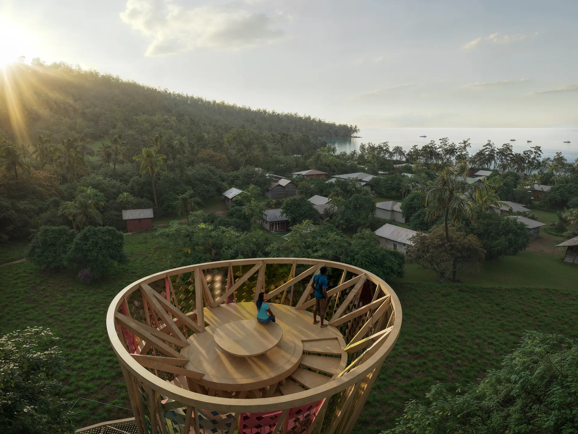 Moving through, the lookout at the top, village and sea beyond